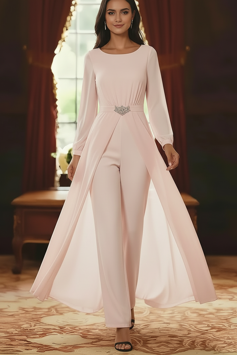 Jumpsuit Scoop Chiffon Mother of the Bride Jumpsuit with Overskirt Ankle-Length Long Sleeves