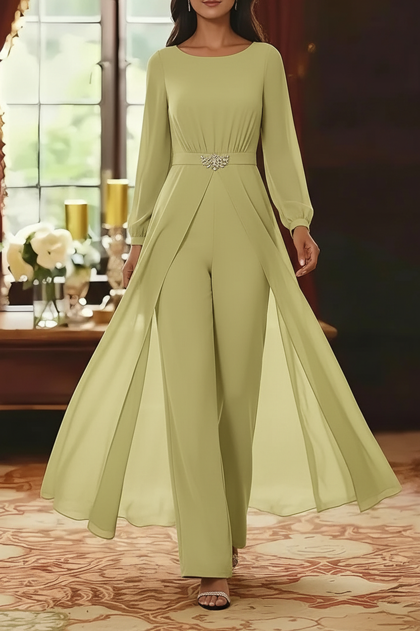 Jumpsuit Scoop Chiffon Mother of the Bride Jumpsuit with Overskirt Ankle-Length Long Sleeves