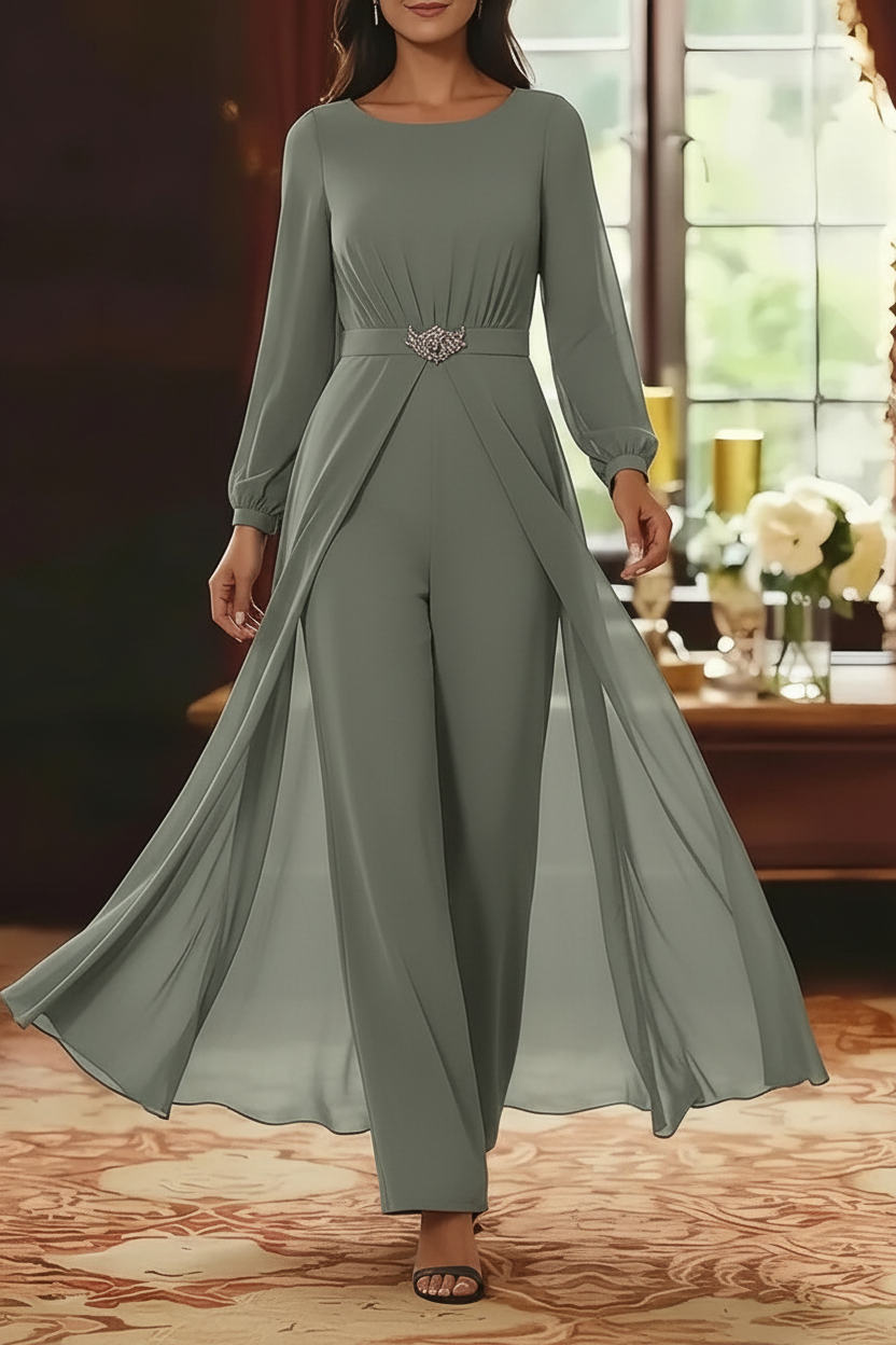 Jumpsuit Scoop Chiffon Mother of the Bride Jumpsuit with Overskirt Ankle-Length Long Sleeves