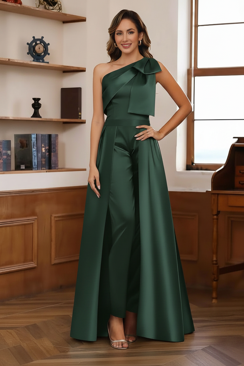 Jumpsuit/Pantsuit One-Shoulder Satin Mother Of The Bride Dresses with Detachable Overskirt Floor-Length Sleeveless Bow