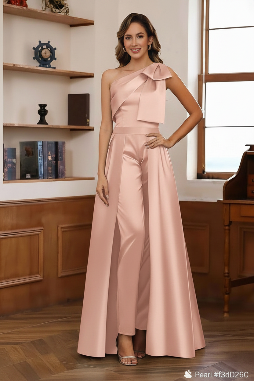 Jumpsuit/Pantsuit One-Shoulder Satin Mother Of The Bride Dresses with Detachable Overskirt Floor-Length Sleeveless Bow