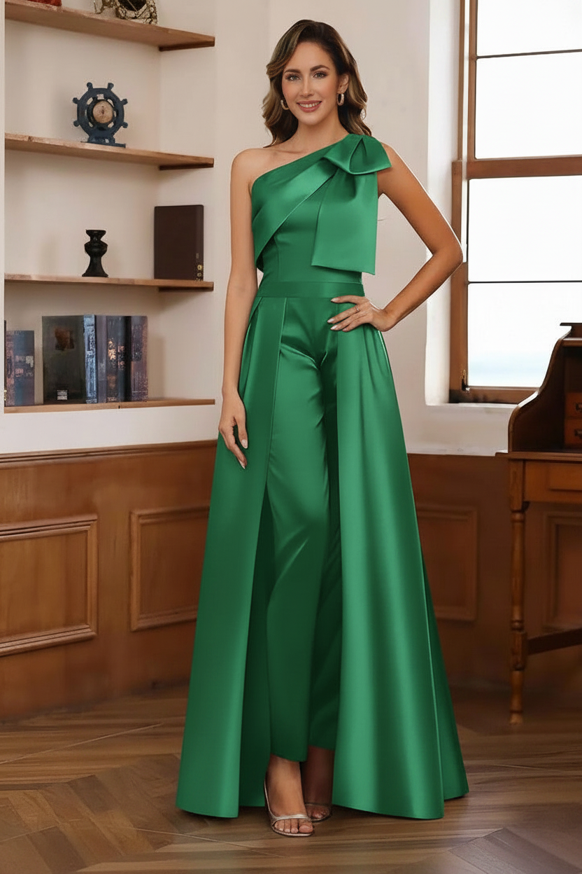 Jumpsuit/Pantsuit One-Shoulder Satin Mother Of The Bride Dresses with Detachable Overskirt Floor-Length Sleeveless Bow