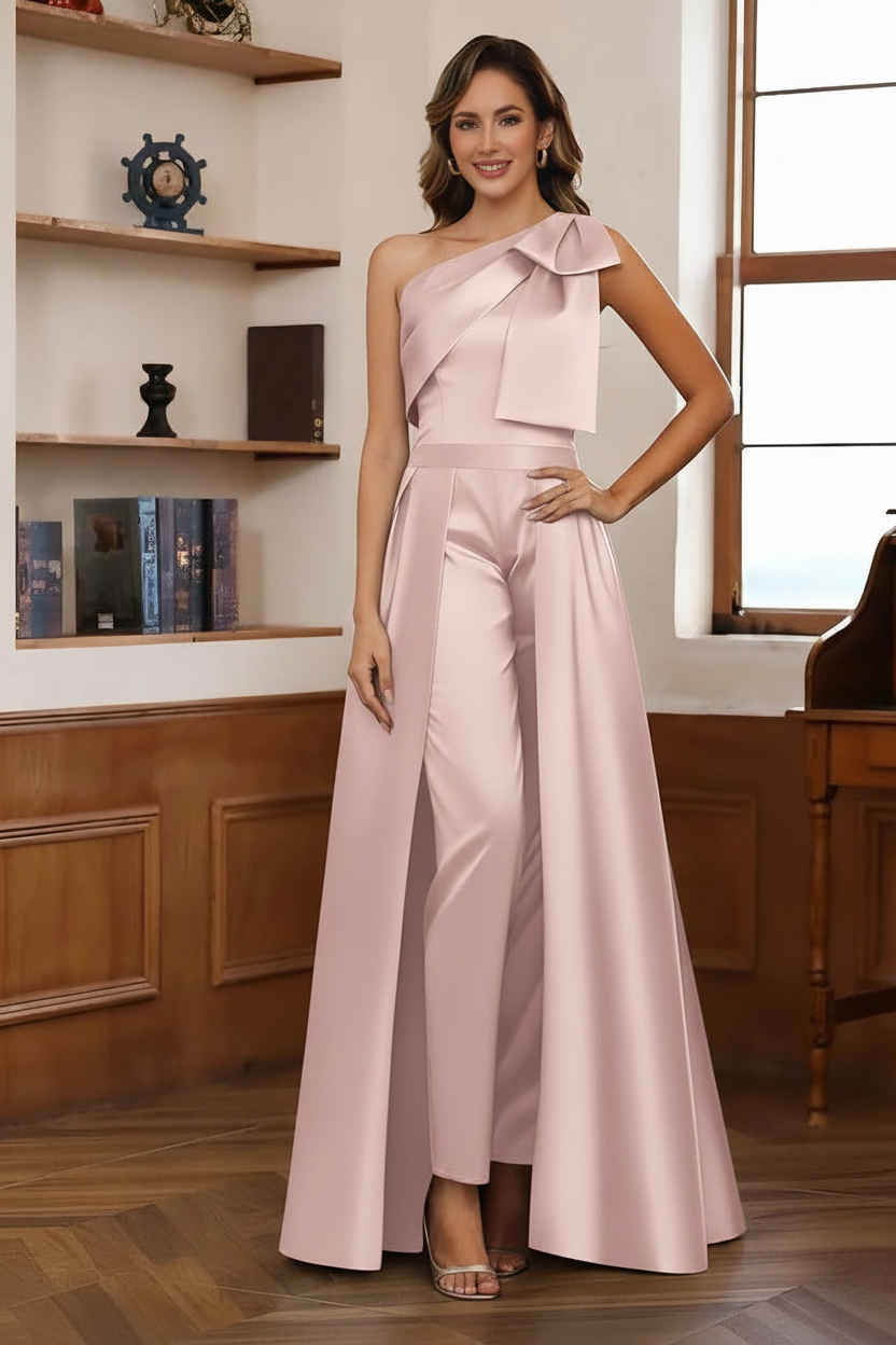 Jumpsuit/Pantsuit One-Shoulder Satin Mother Of The Bride Dresses with Detachable Overskirt Floor-Length Sleeveless Bow