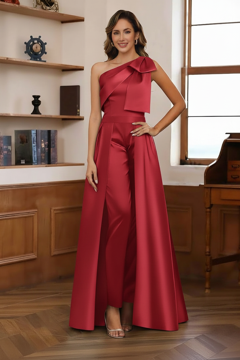 Jumpsuit/Pantsuit One-Shoulder Satin Mother Of The Bride Dresses with Detachable Overskirt Floor-Length Sleeveless Bow