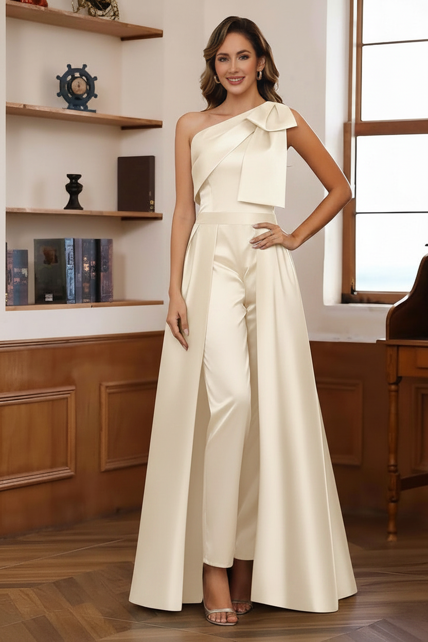 Jumpsuit/Pantsuit One-Shoulder Satin Mother Of The Bride Dresses with Detachable Overskirt Floor-Length Sleeveless Bow
