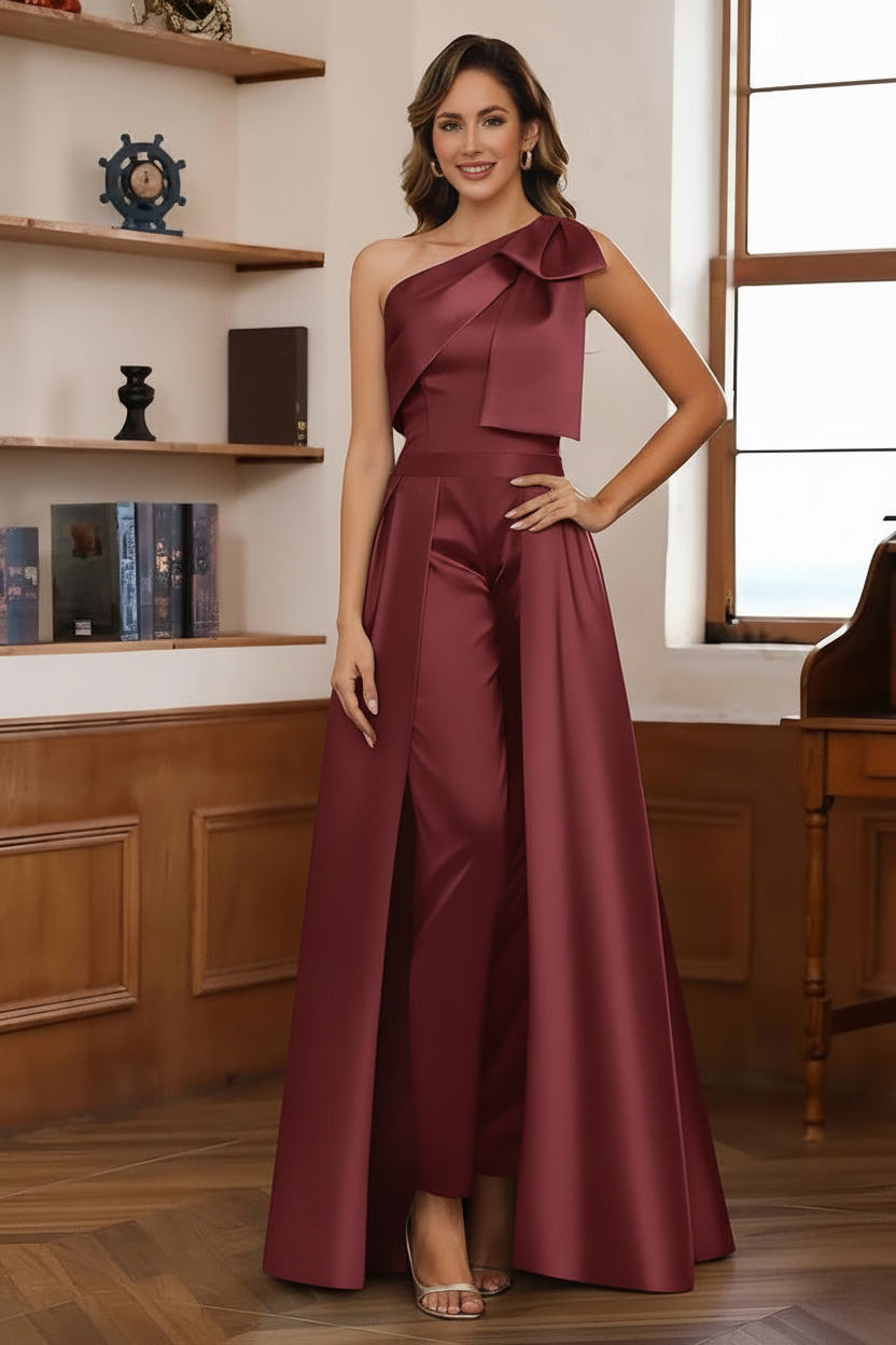 Jumpsuit/Pantsuit One-Shoulder Satin Mother Of The Bride Dresses with Detachable Overskirt Floor-Length Sleeveless Bow