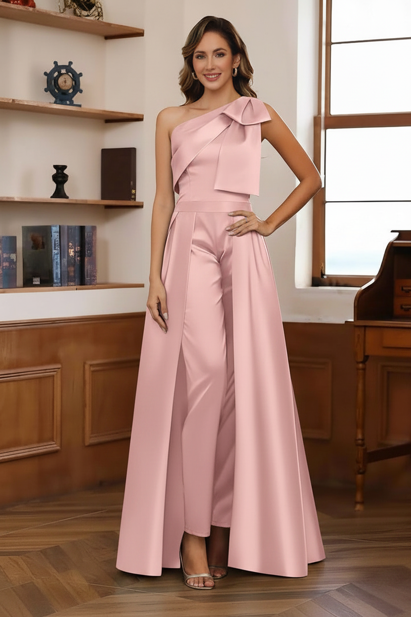 Jumpsuit/Pantsuit One-Shoulder Satin Mother Of The Bride Dresses with Detachable Overskirt Floor-Length Sleeveless Bow