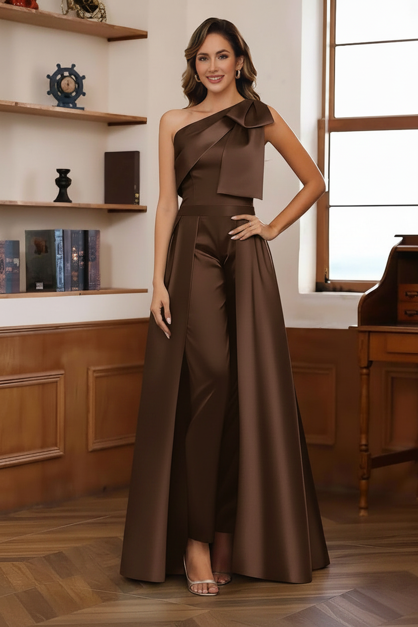 Jumpsuit/Pantsuit One-Shoulder Satin Mother Of The Bride Dresses with Detachable Overskirt Floor-Length Sleeveless Bow