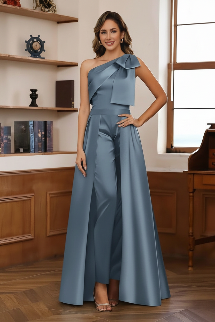 Jumpsuit/Pantsuit One-Shoulder Satin Mother Of The Bride Dresses with Detachable Overskirt Floor-Length Sleeveless Bow