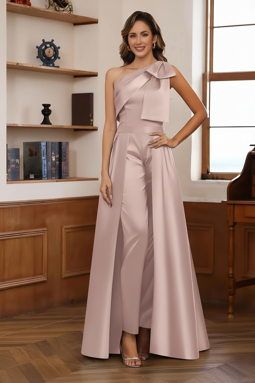 Jumpsuit/Pantsuit One-Shoulder Satin Mother Of The Bride Dresses with Detachable Overskirt Floor-Length Sleeveless Bow