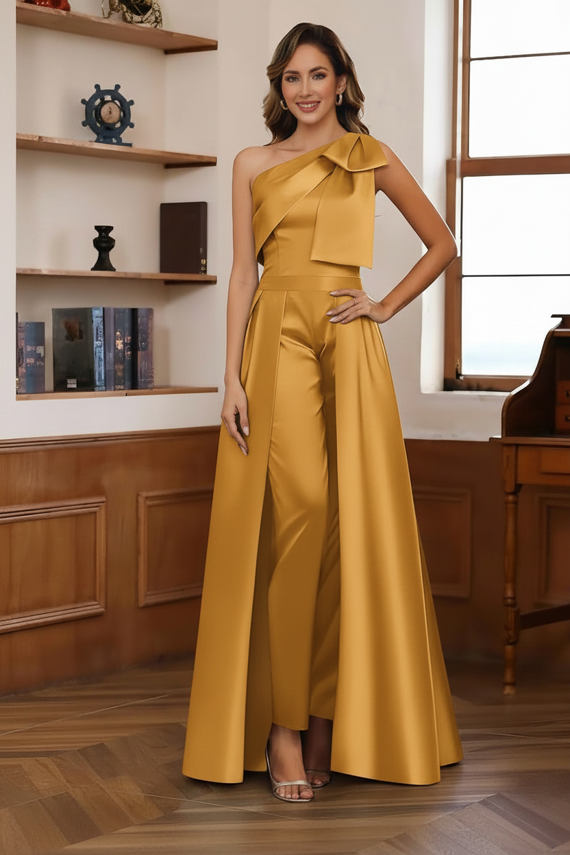 Jumpsuit/Pantsuit One-Shoulder Satin Mother Of The Bride Dresses with Detachable Overskirt Floor-Length Sleeveless Bow