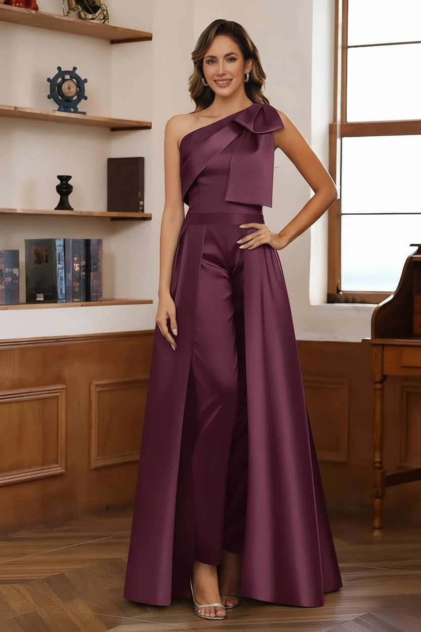 Jumpsuit/Pantsuit One-Shoulder Satin Mother Of The Bride Dresses with Detachable Overskirt Floor-Length Sleeveless Bow