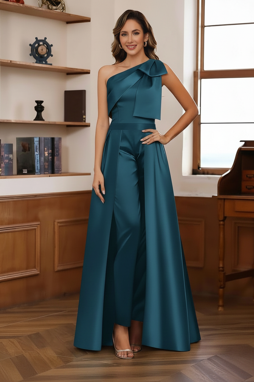 Jumpsuit/Pantsuit One-Shoulder Satin Mother Of The Bride Dresses with Detachable Overskirt Floor-Length Sleeveless Bow