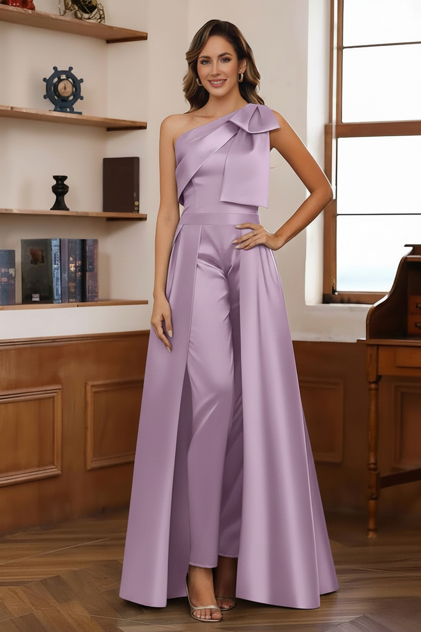 Jumpsuit/Pantsuit One-Shoulder Satin Mother Of The Bride Dresses with Detachable Overskirt Floor-Length Sleeveless Bow