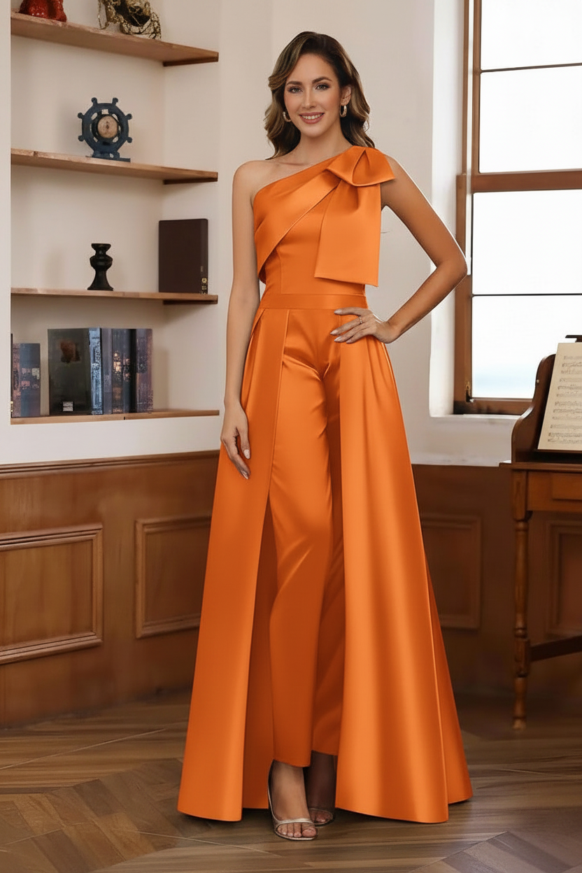 Jumpsuit/Pantsuit One-Shoulder Satin Mother Of The Bride Dresses with Detachable Overskirt Floor-Length Sleeveless Bow