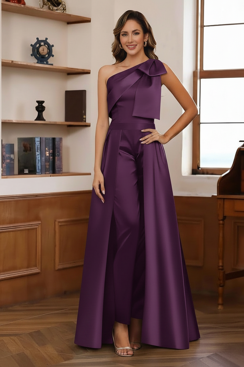 Jumpsuit/Pantsuit One-Shoulder Satin Mother Of The Bride Dresses with Detachable Overskirt Floor-Length Sleeveless Bow