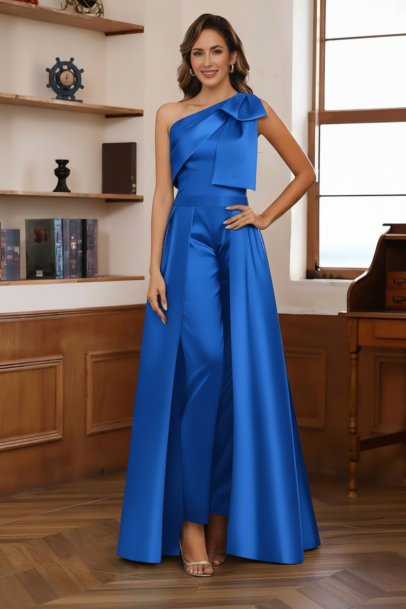 Jumpsuit/Pantsuit One-Shoulder Satin Mother Of The Bride Dresses with Detachable Overskirt Floor-Length Sleeveless Bow