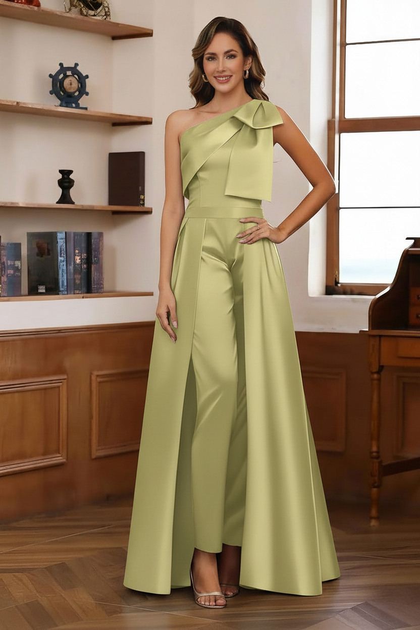 Jumpsuit/Pantsuit One-Shoulder Satin Mother Of The Bride Dresses with Detachable Overskirt Floor-Length Sleeveless Bow
