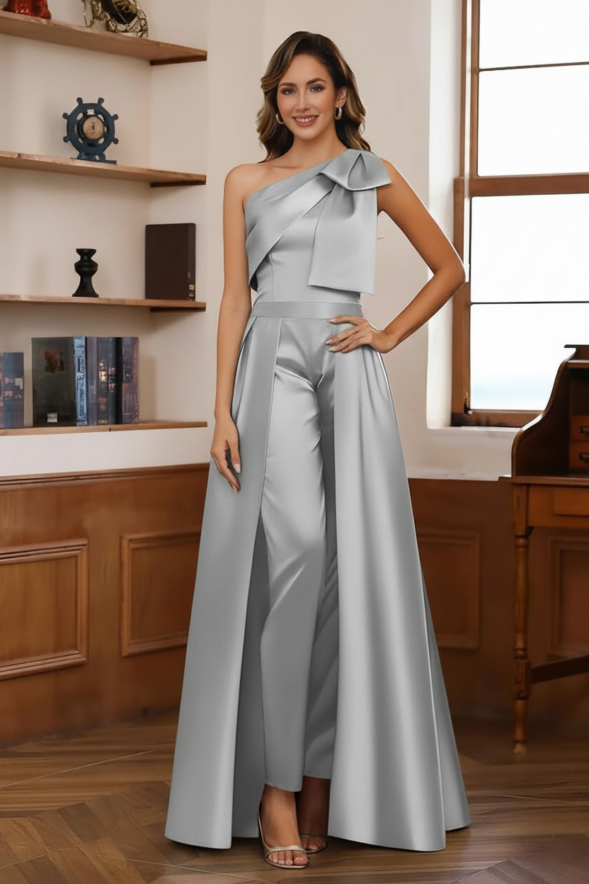Jumpsuit/Pantsuit One-Shoulder Satin Mother Of The Bride Dresses with Detachable Overskirt Floor-Length Sleeveless Bow