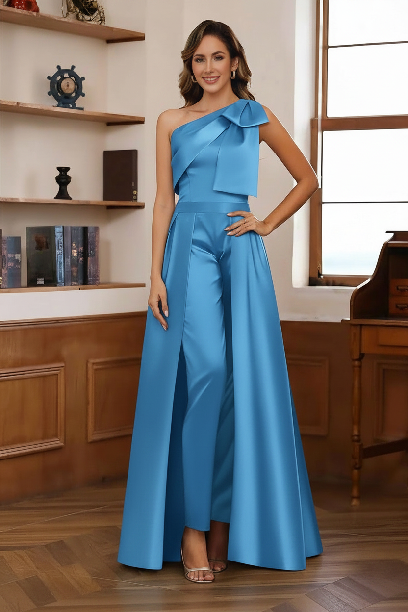 Jumpsuit/Pantsuit One-Shoulder Satin Mother Of The Bride Dresses with Detachable Overskirt Floor-Length Sleeveless Bow