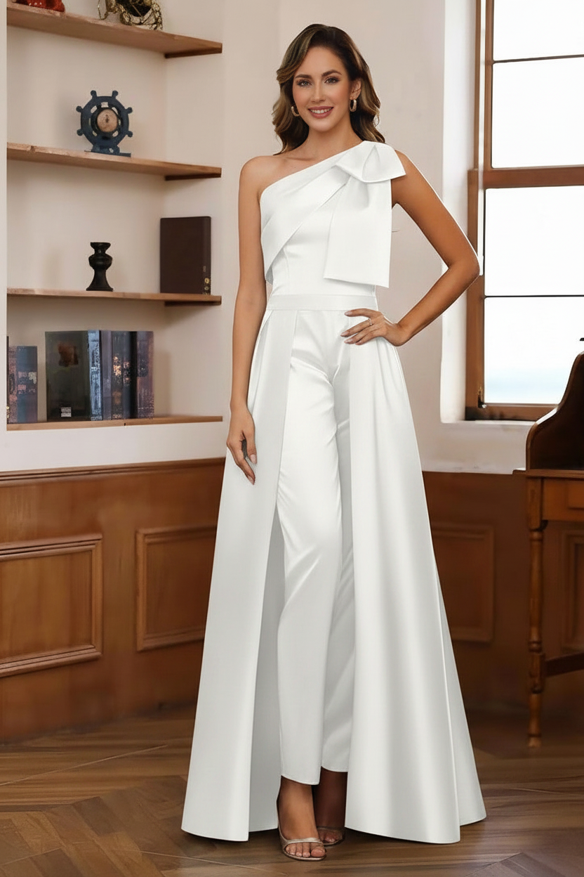 Jumpsuit/Pantsuit One-Shoulder Satin Mother Of The Bride Dresses with Detachable Overskirt Floor-Length Sleeveless Bow