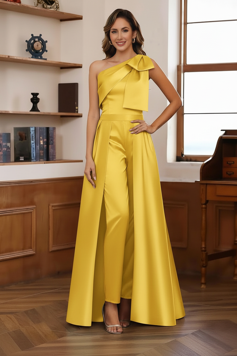 Jumpsuit/Pantsuit One-Shoulder Satin Mother Of The Bride Dresses with Detachable Overskirt Floor-Length Sleeveless Bow