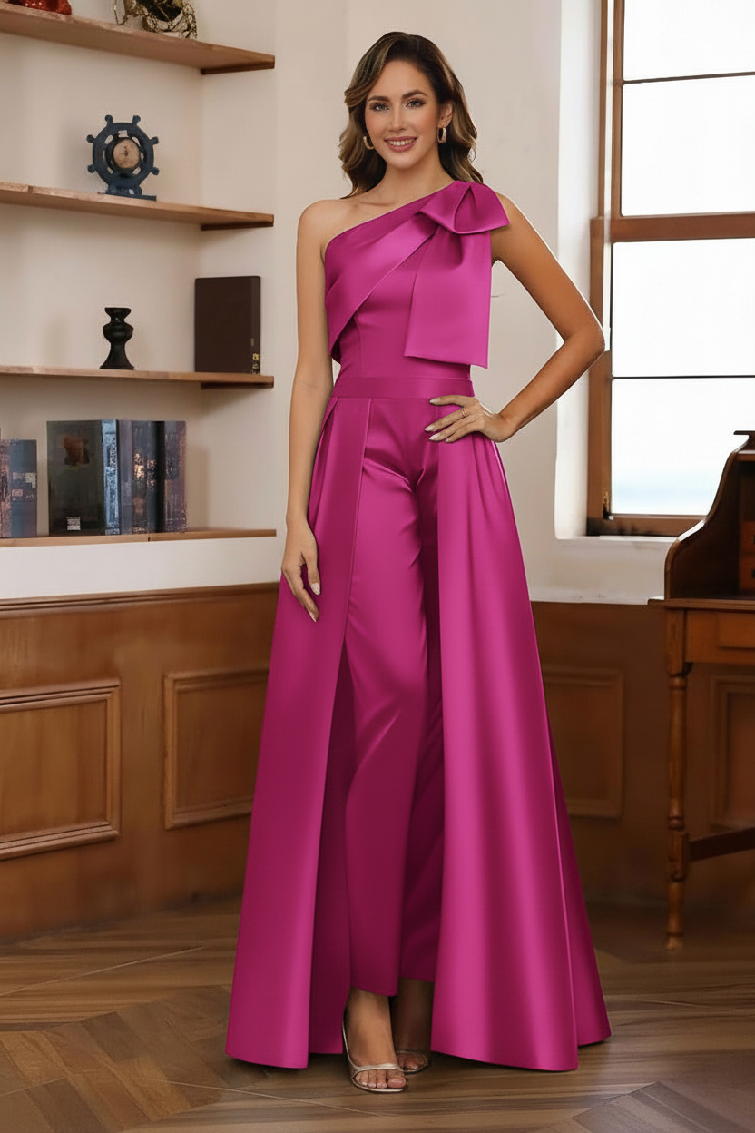 Jumpsuit/Pantsuit One-Shoulder Satin Mother Of The Bride Dresses with Detachable Overskirt Floor-Length Sleeveless Bow