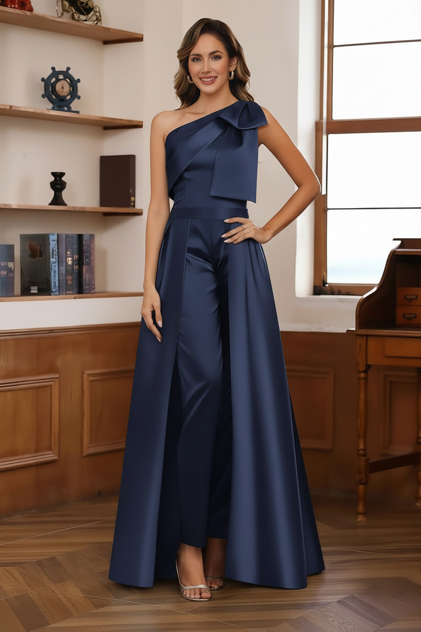 Jumpsuit/Pantsuit One-Shoulder Satin Mother Of The Bride Dresses with Detachable Overskirt Floor-Length Sleeveless Bow
