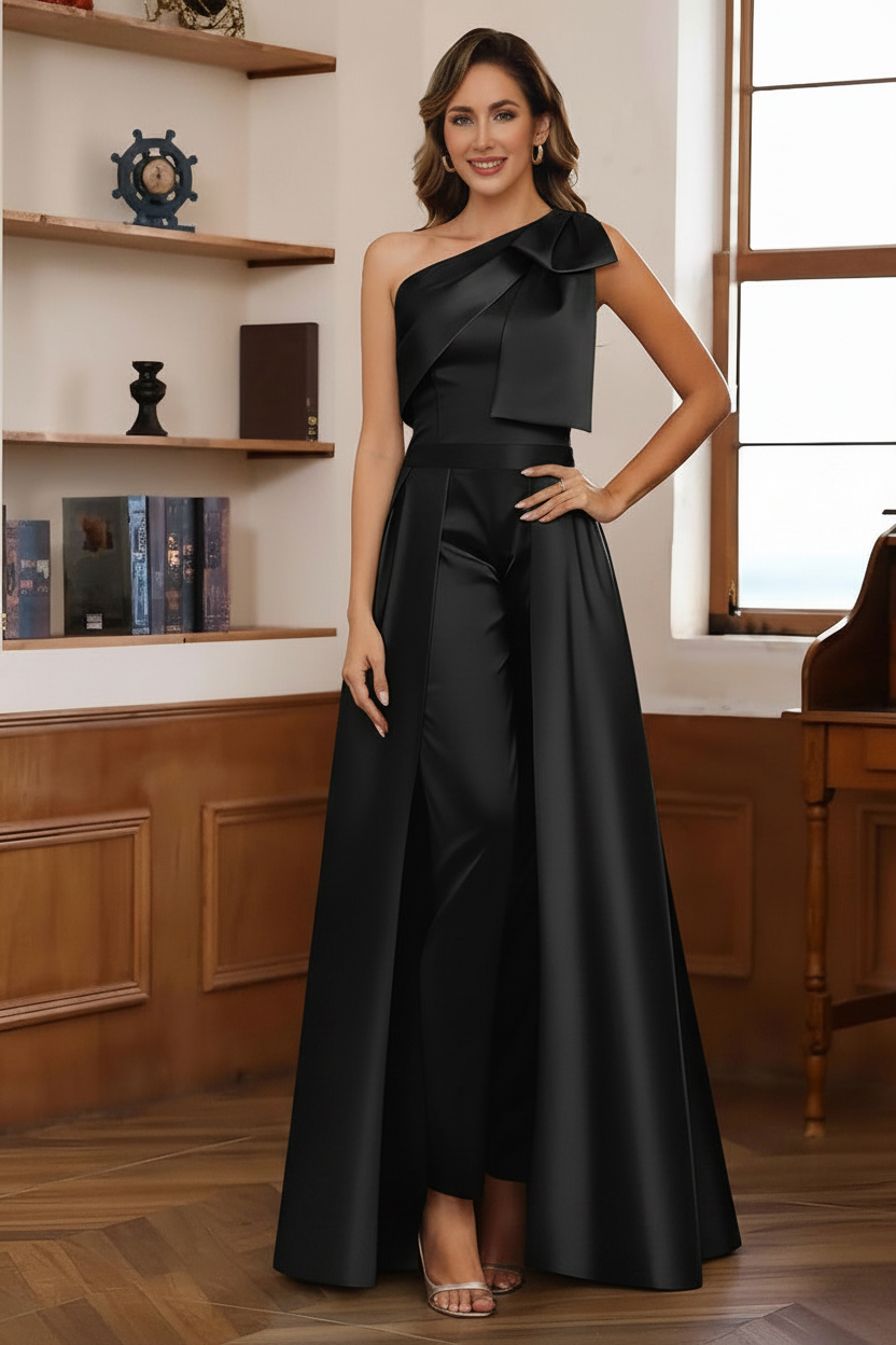 Jumpsuit/Pantsuit One-Shoulder Satin Mother Of The Bride Dresses with Detachable Overskirt Floor-Length Sleeveless Bow