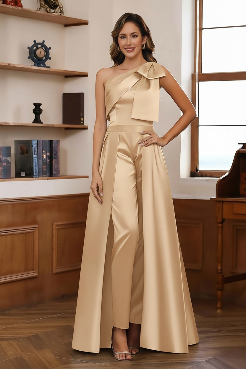 Jumpsuit/Pantsuit One-Shoulder Satin Mother Of The Bride Dresses with Detachable Overskirt Floor-Length Sleeveless Bow
