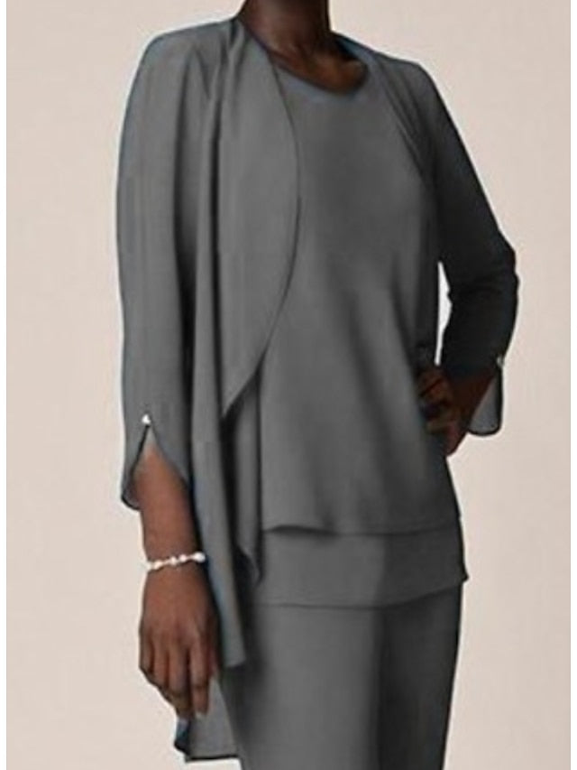 Chiffon Scoop Long Sleeves Floor Length Mother Of The Bride Pantsuits With Ruffles