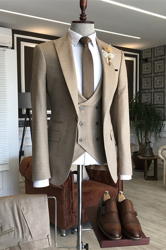 Khaki Gray Slim Fit Three-Piece Peaked Lapel Business Suit