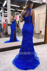 Klein blue One Shoulder Mermaid Split Formal Dress With Flower Appliques