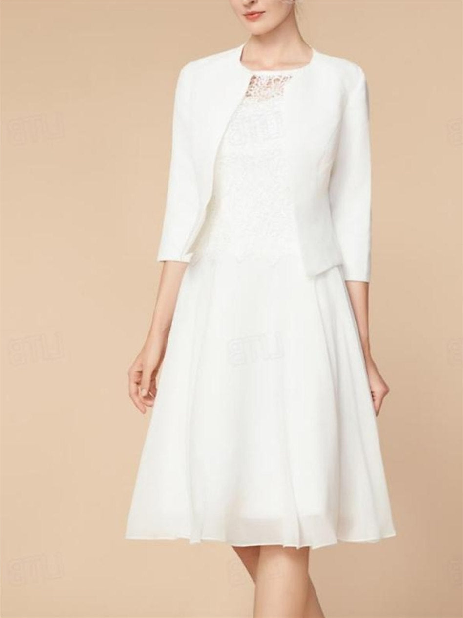 Knee-Length Mother of the Bride A-Line Dress with 3/4 Sleeves and Wraps