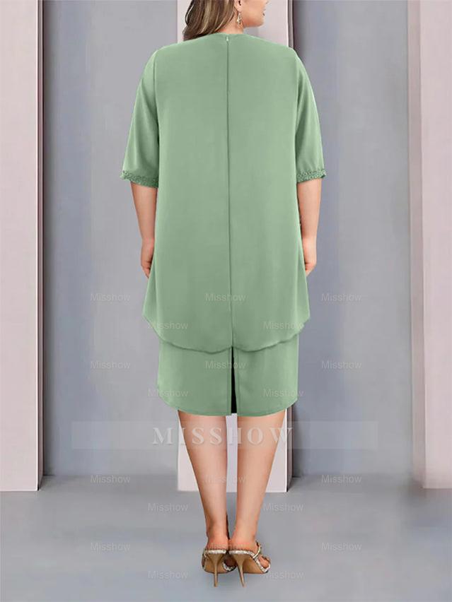 Knee-Length Plus Size Beaded and Ruched Mother of the Bride Column Jewel Neck Dress