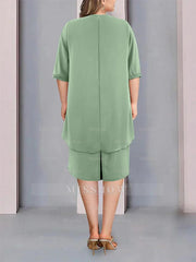 Knee-Length Plus Size Beaded and Ruched Mother of the Bride Column Jewel Neck Dress