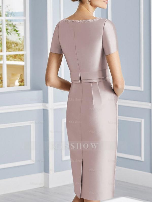 Knee-Length Satin Two-Piece Mother of the Bride Dress with Pearls and Jewel Neckline