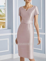 Knee-Length Satin Two-Piece Mother of the Bride Dress with Pearls and Jewel Neckline