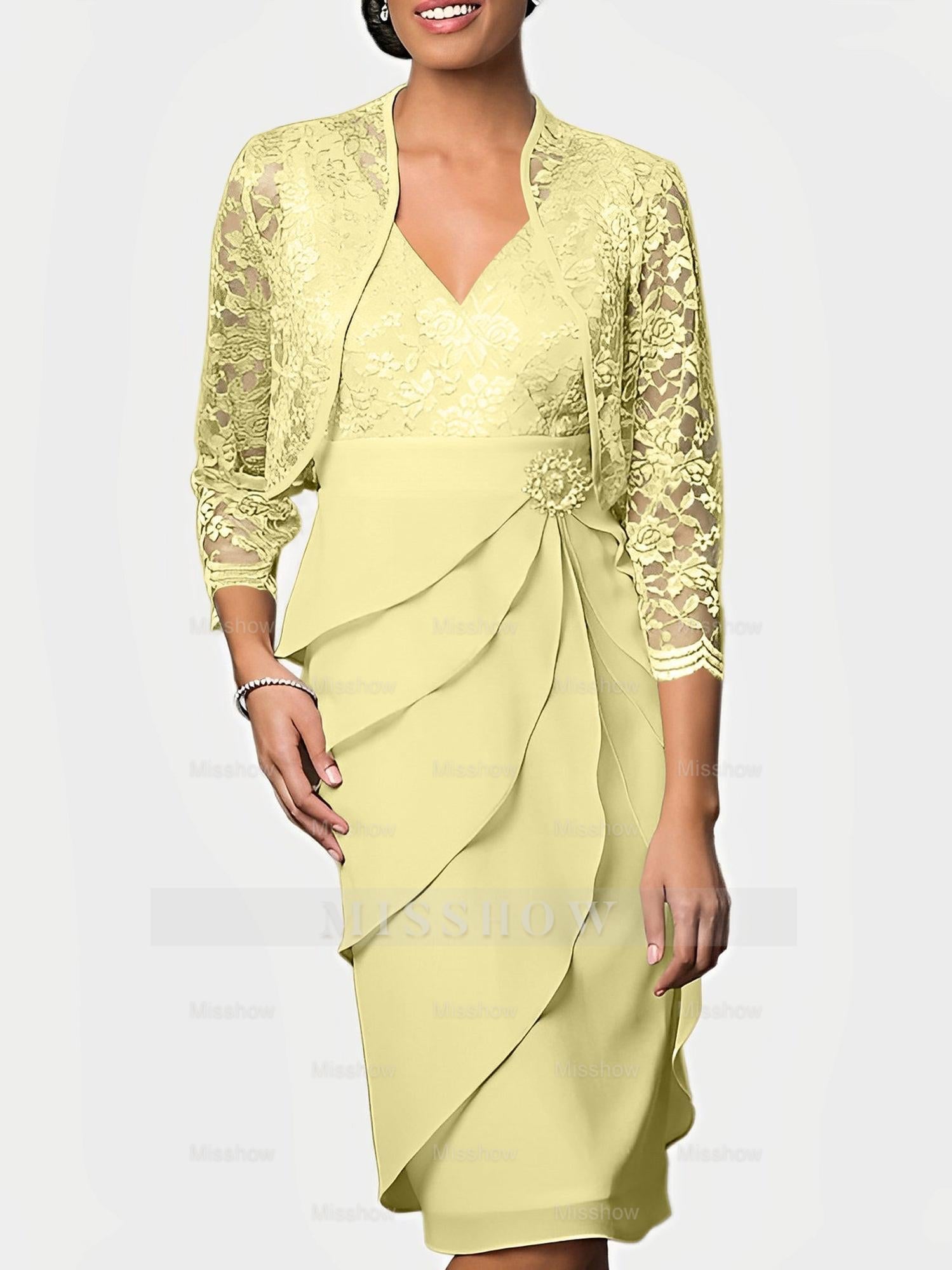 Knee-Length V-Neck Sheath Mother of the Bride Column Dresses