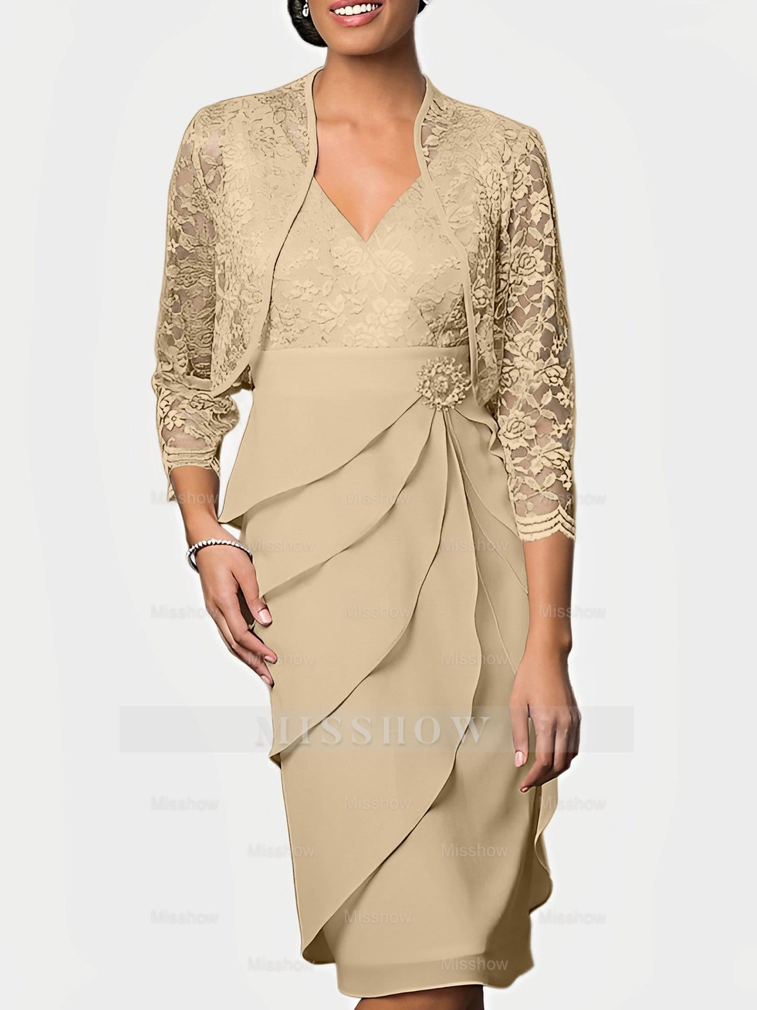 Knee-Length V-Neck Sheath Mother of the Bride Column Dresses