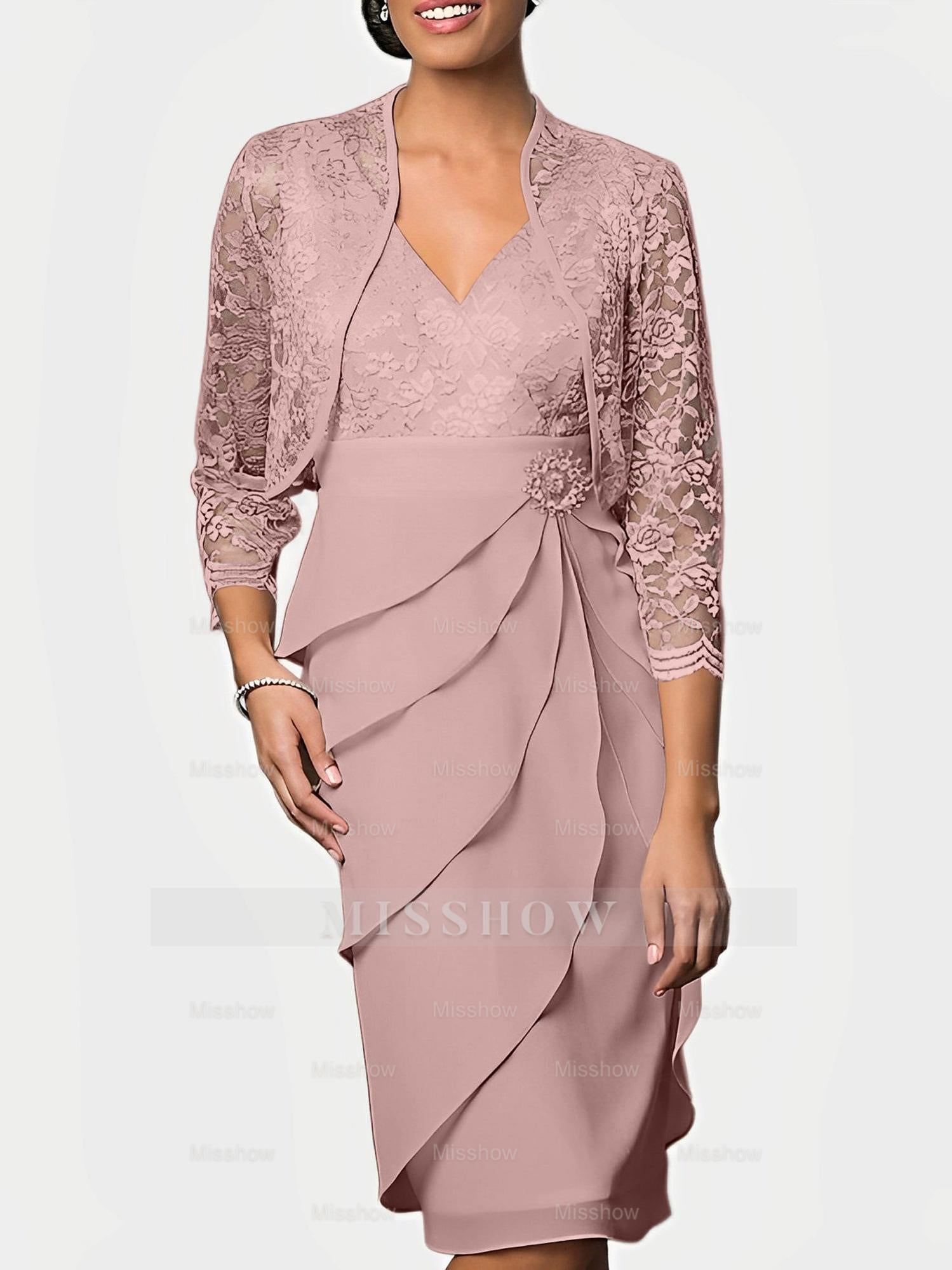 Knee-Length V-Neck Sheath Mother of the Bride Column Dresses