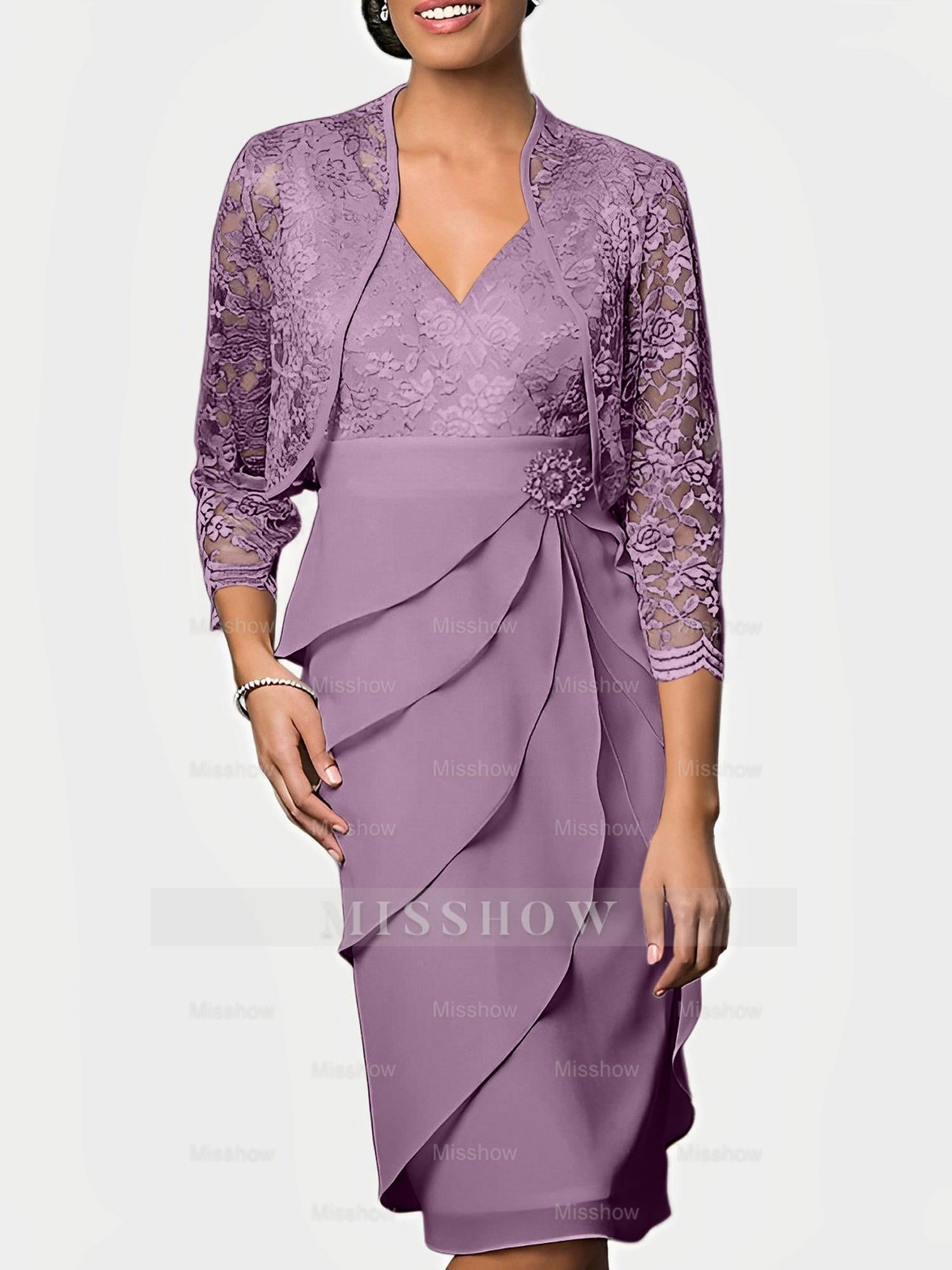 Knee-Length V-Neck Sheath Mother of the Bride Column Dresses