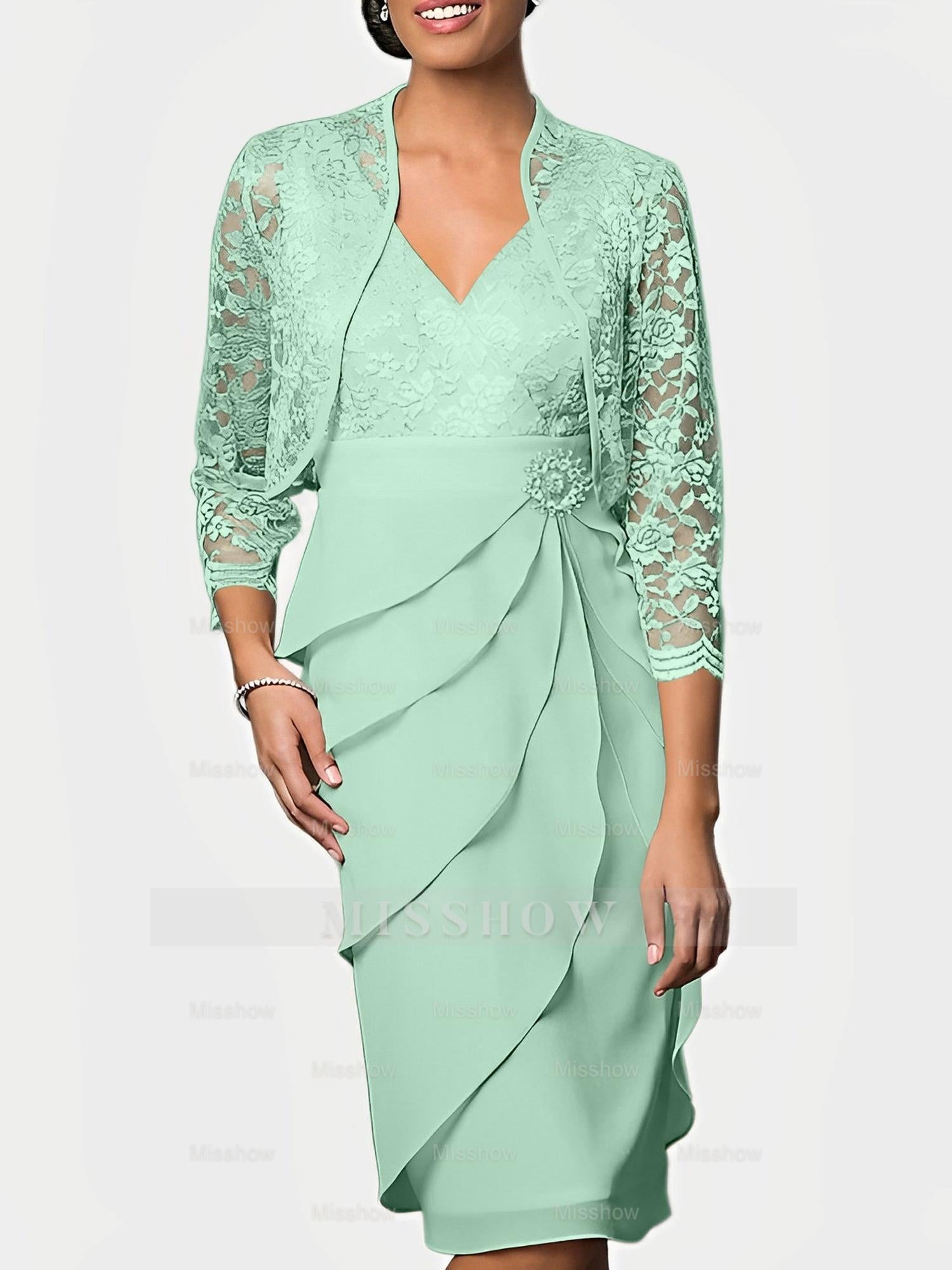 Knee-Length V-Neck Sheath Mother of the Bride Column Dresses