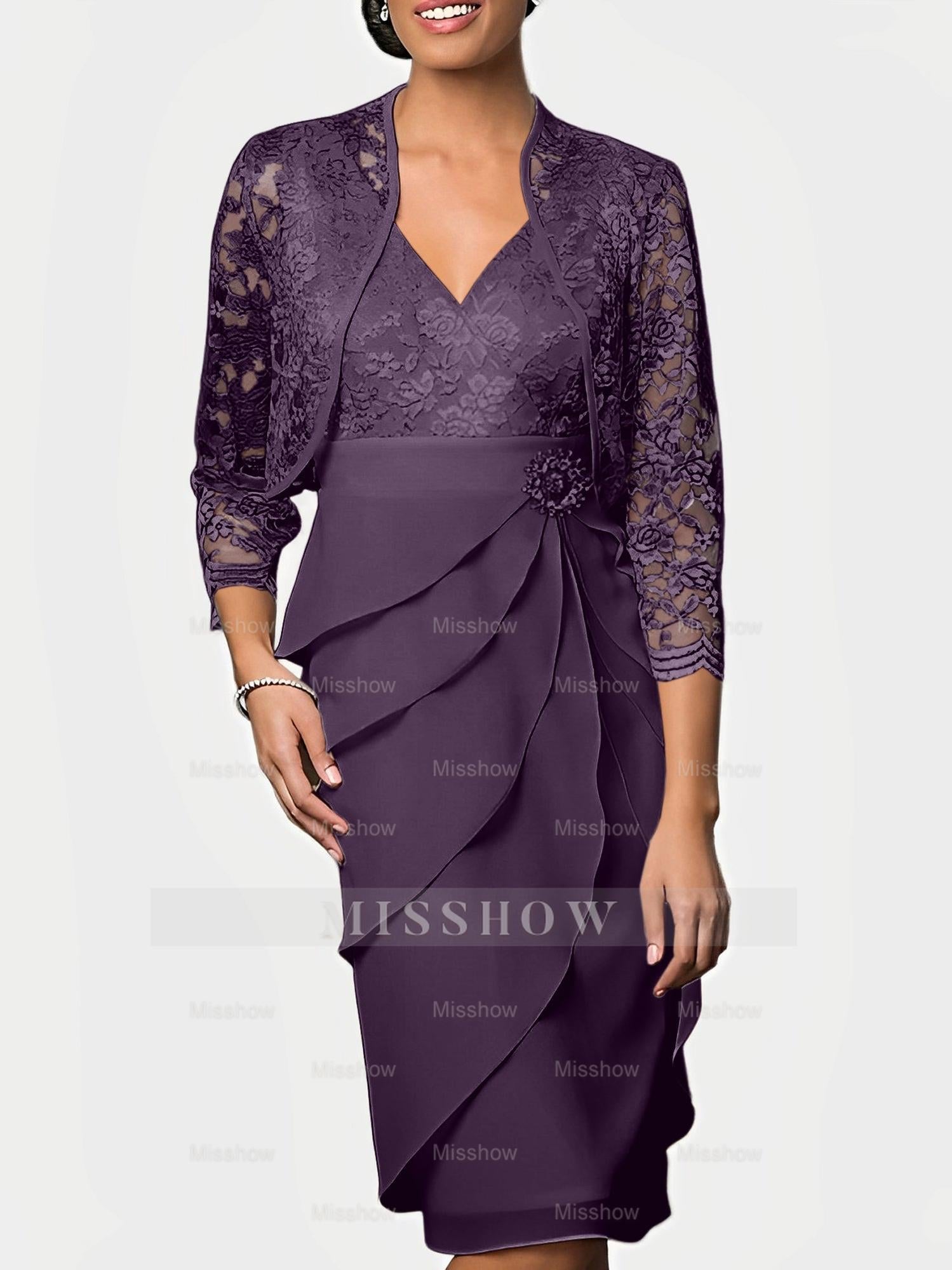 Knee-Length V-Neck Sheath Mother of the Bride Column Dresses