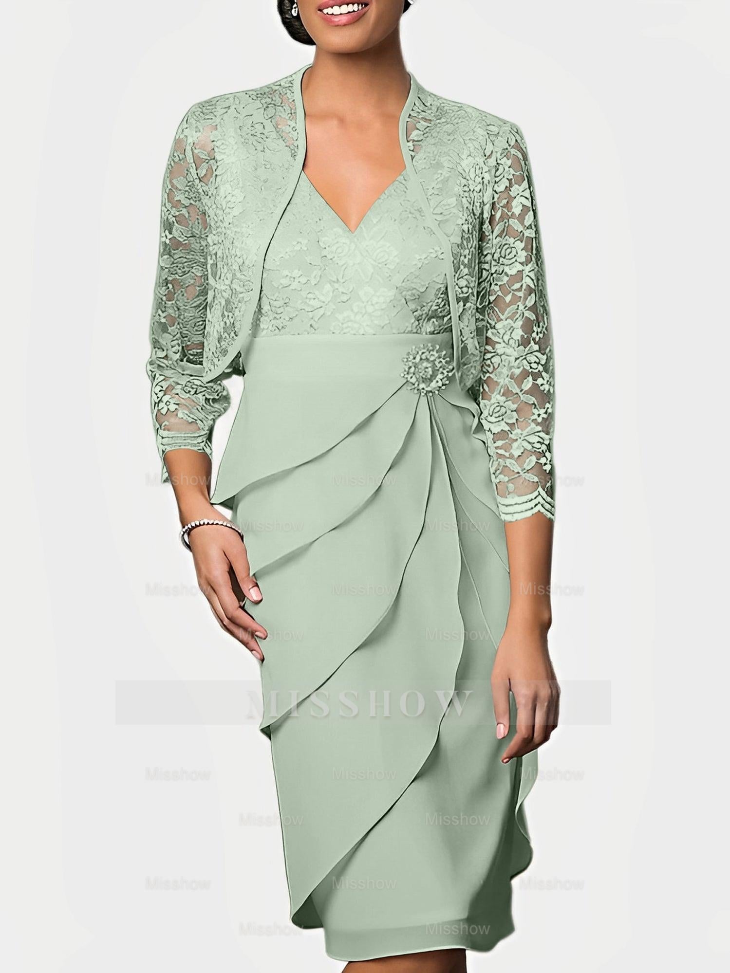 Knee-Length V-Neck Sheath Mother of the Bride Column Dresses