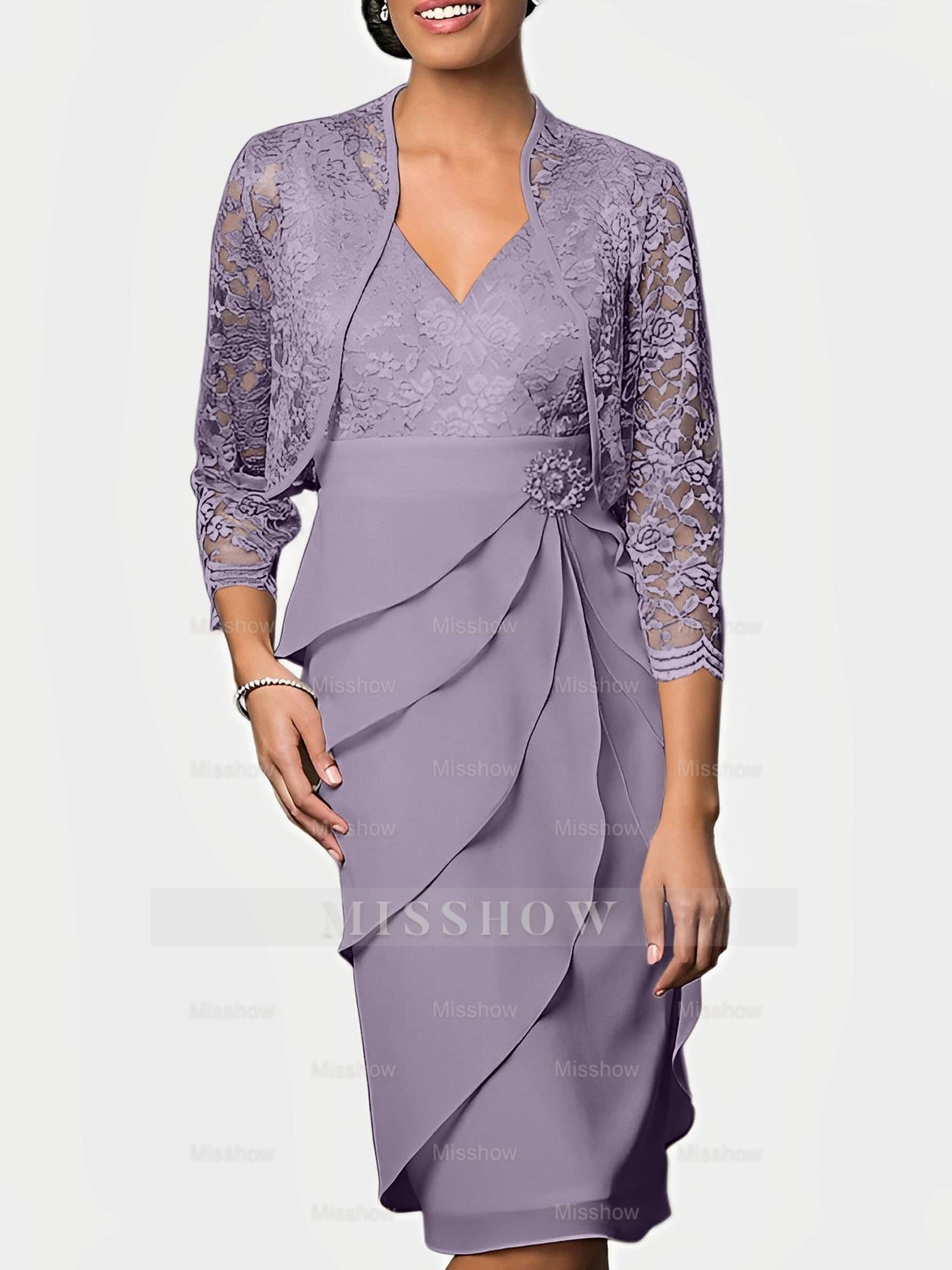 Knee-Length V-Neck Sheath Mother of the Bride Column Dresses