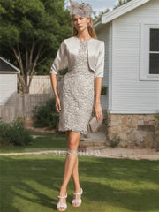 Knee-length Satin Mother of the Bride Dress with Scoop Neck and Lace Sleeves