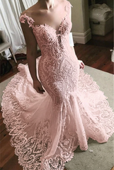 Blushing pink off-the-shoulder tulle mermaid wedding dress