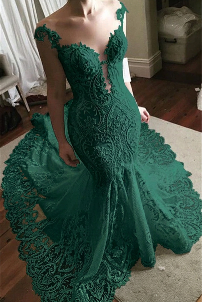 Dark green off-the-shoulder tulle mermaid wedding dress