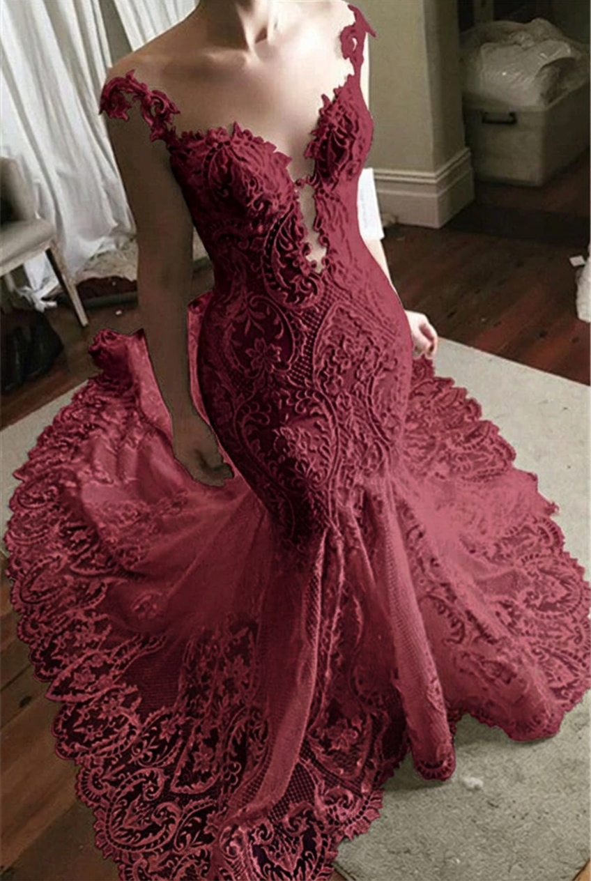 Burgundy off-the-shoulder tulle mermaid wedding dress